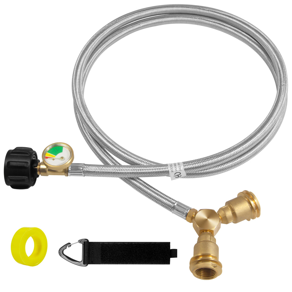 Feirenql 6ft propane hose with two-way splitter and gauge for versatile outdoor cooking