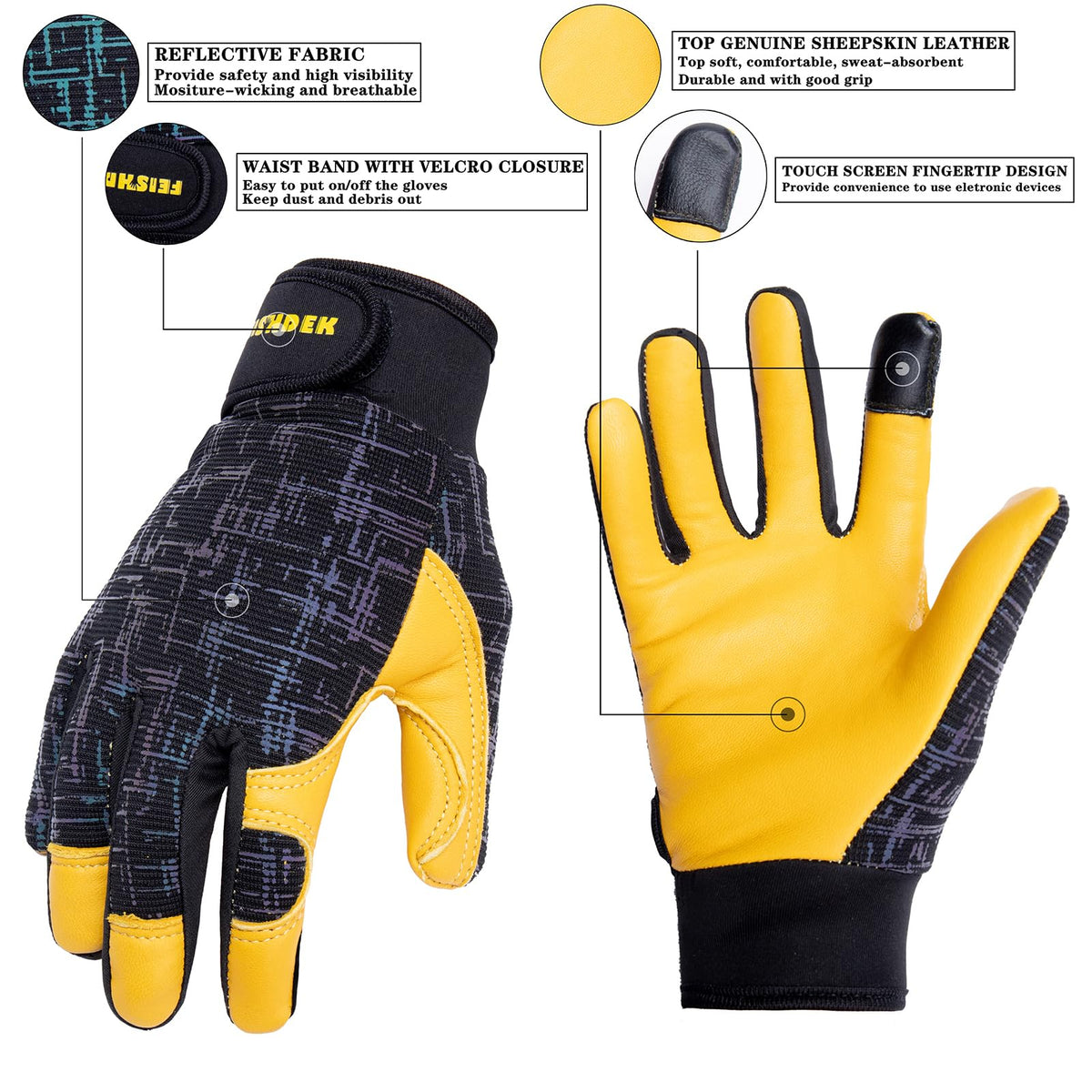FEISHDEK gloves use breathable polyester back for comfort during long wear