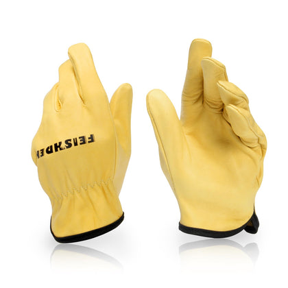 FEISHDEK Kids Leather Gardening Gloves back view, durable leather and flexible fit for active gardening.