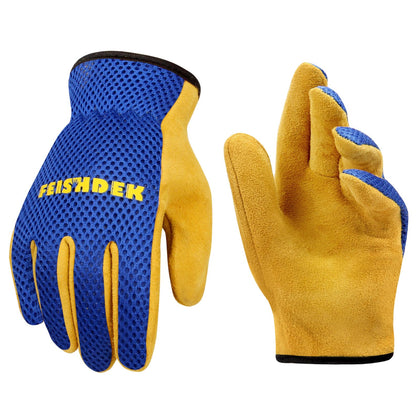 FEISHDEK kids leather gardening gloves blue small on a child hand for safe planting