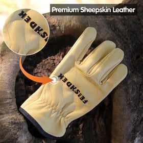FEISHDEK Kids Leather Gardening Gloves palm view, strong grip and anti-slip for precise tasks.