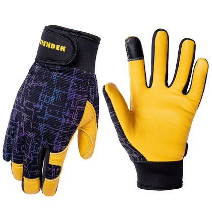 FEISHDEK Kids leather work gloves back view with reflective fabric for visibility.