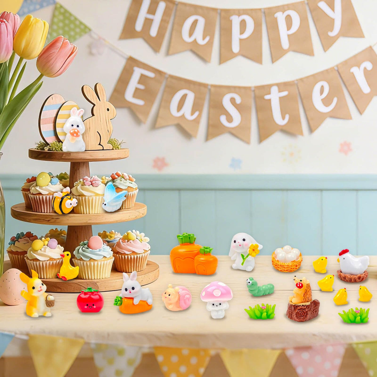 Feivando animal figurines offer charming accents for spring-themed arrangements