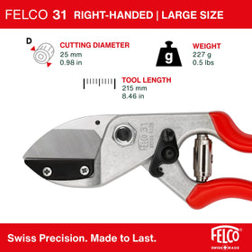 Felco F31 carbon steel blade stays sharp during pruning.