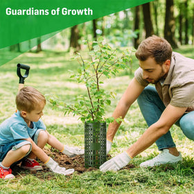 Green design FELISTORY tree protector blending with garden scenery.