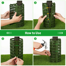 Tree guard with zip ties and ground stakes included for secure installation.