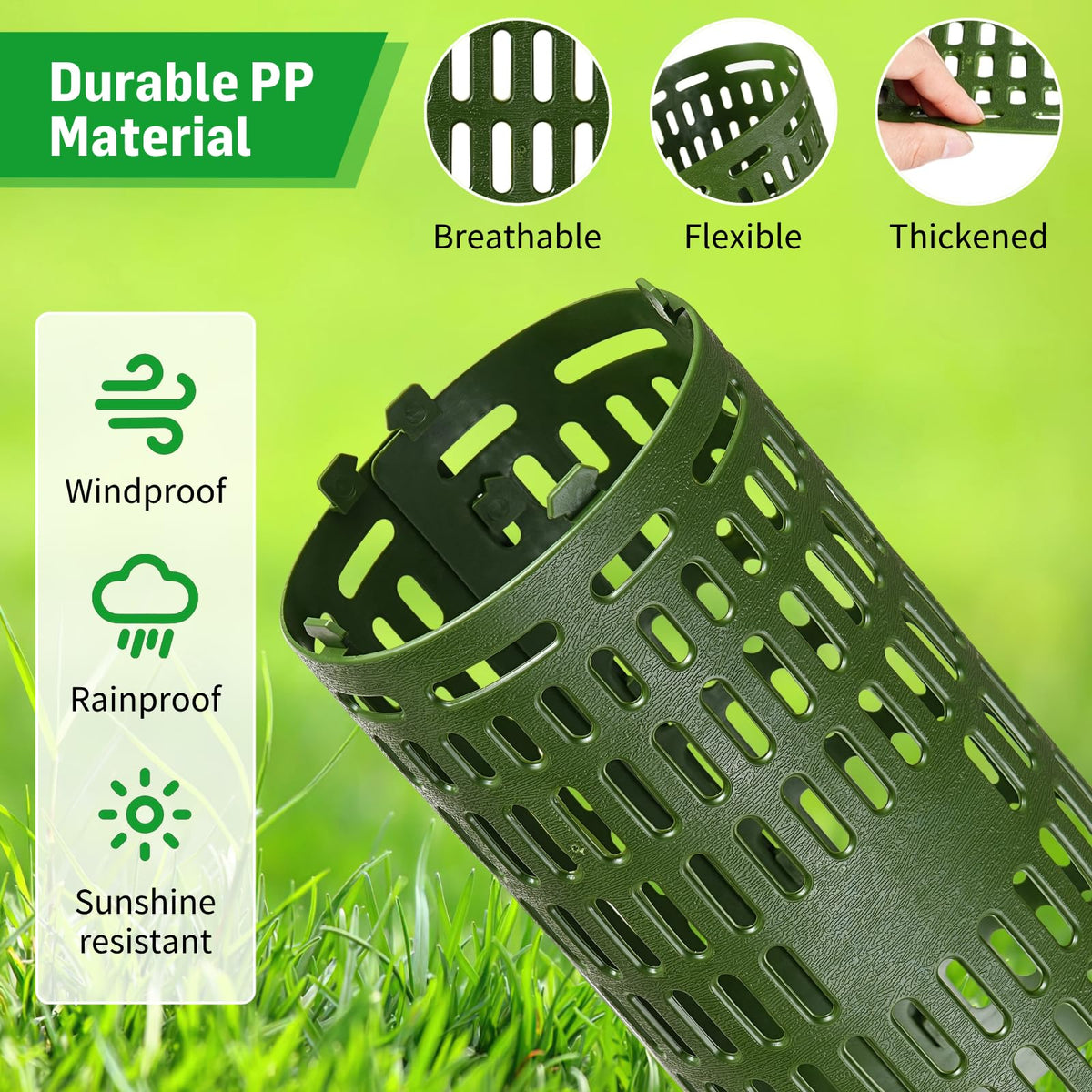 Waterproof PP tree protector in use, durable under sun and rain.
