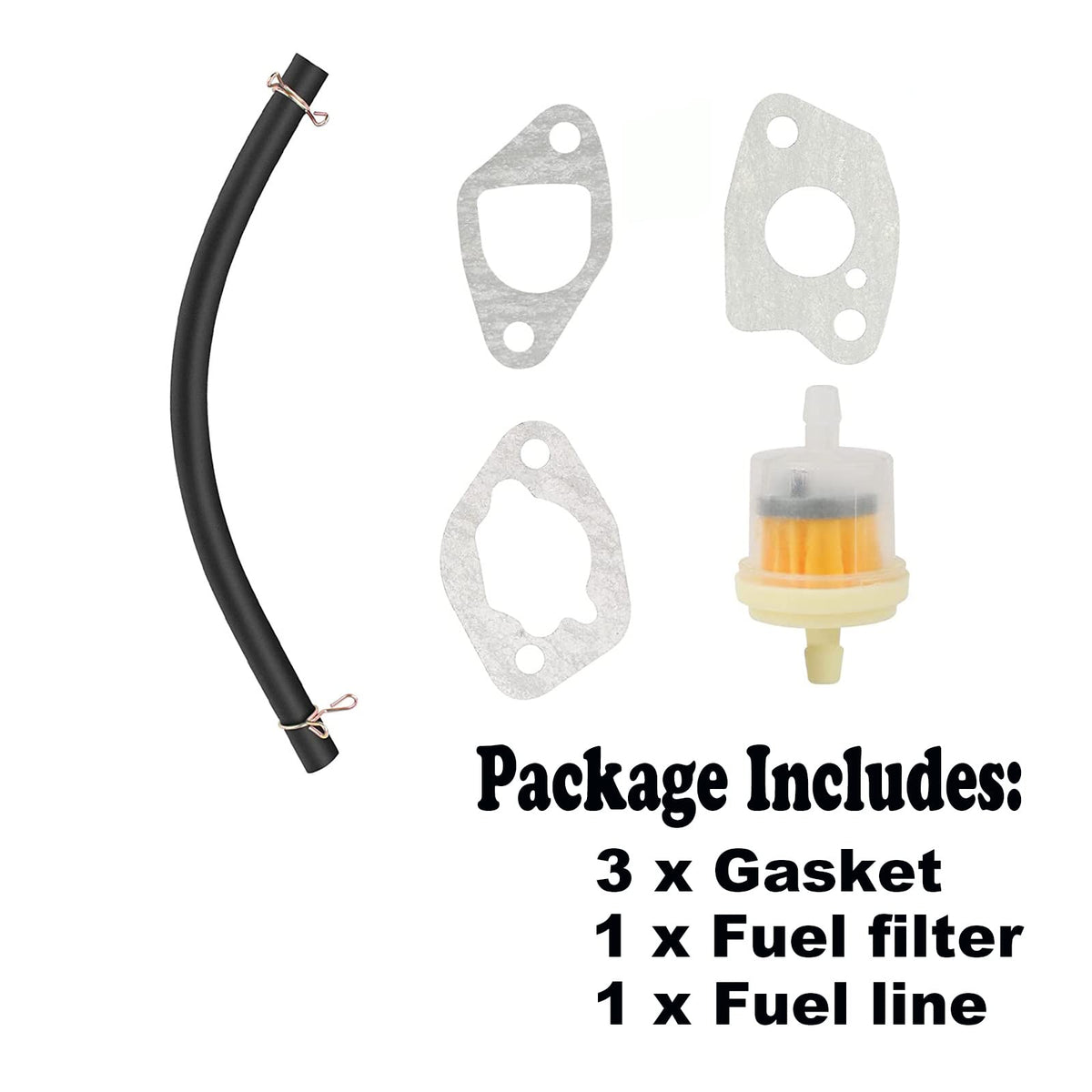 FELHOOD replacement Powermate tiller carburetor kit components laid out for assembly.
