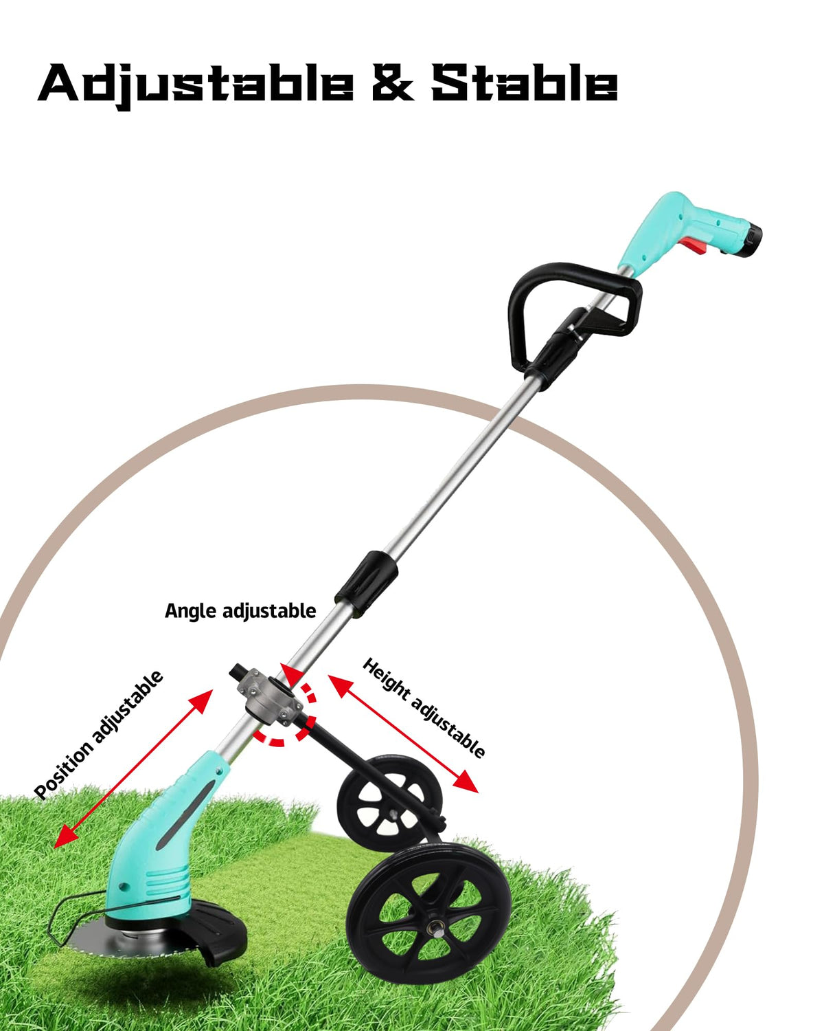 FellDen lightweight wheel support reduces arm strain during mowing.