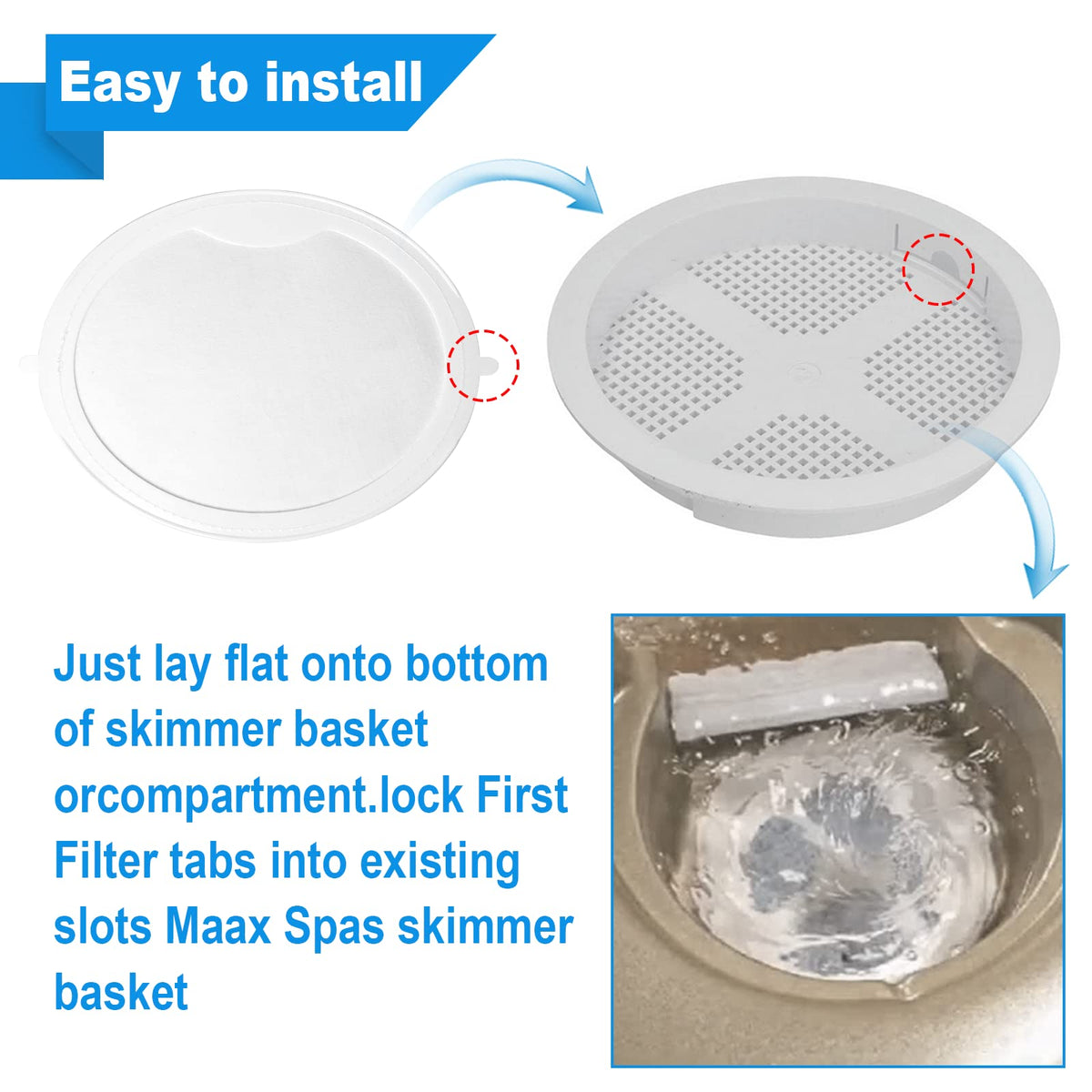 Femitu first filter aligned with spa skimmer notches for secure fit and efficient pre-filtration