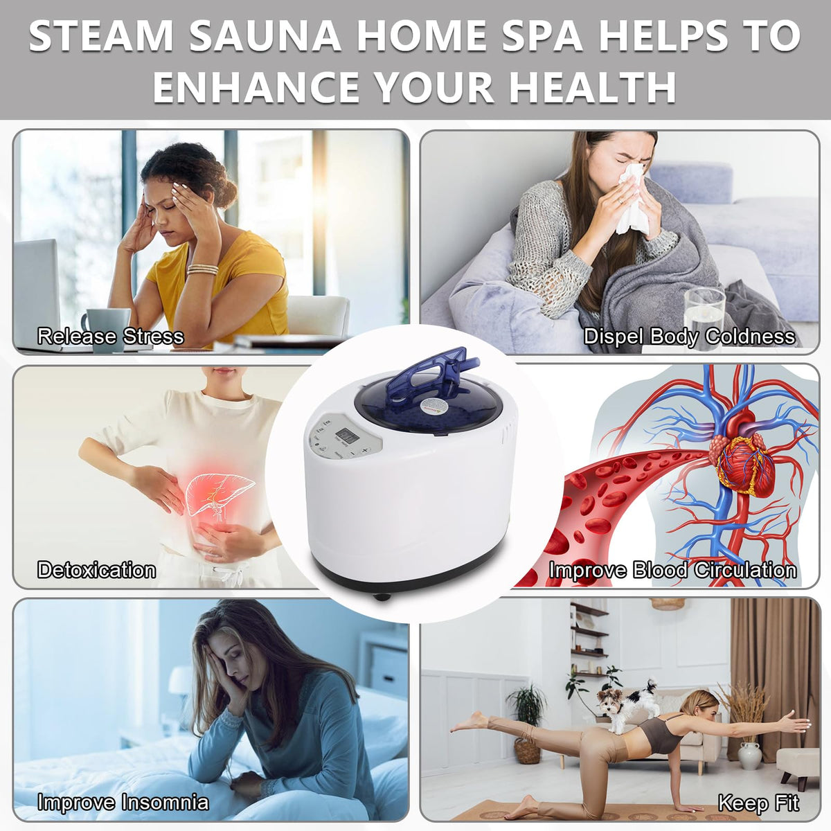 Femitu sauna steamer front view highlights sturdy construction and easy placement.