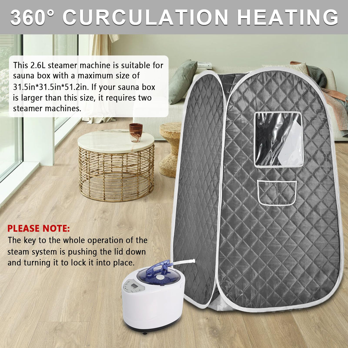Femitu sauna steamer in home use showcases compact design for personal spa at home.