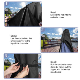 Femuar cover on a patio umbrella ready for seasonal storage