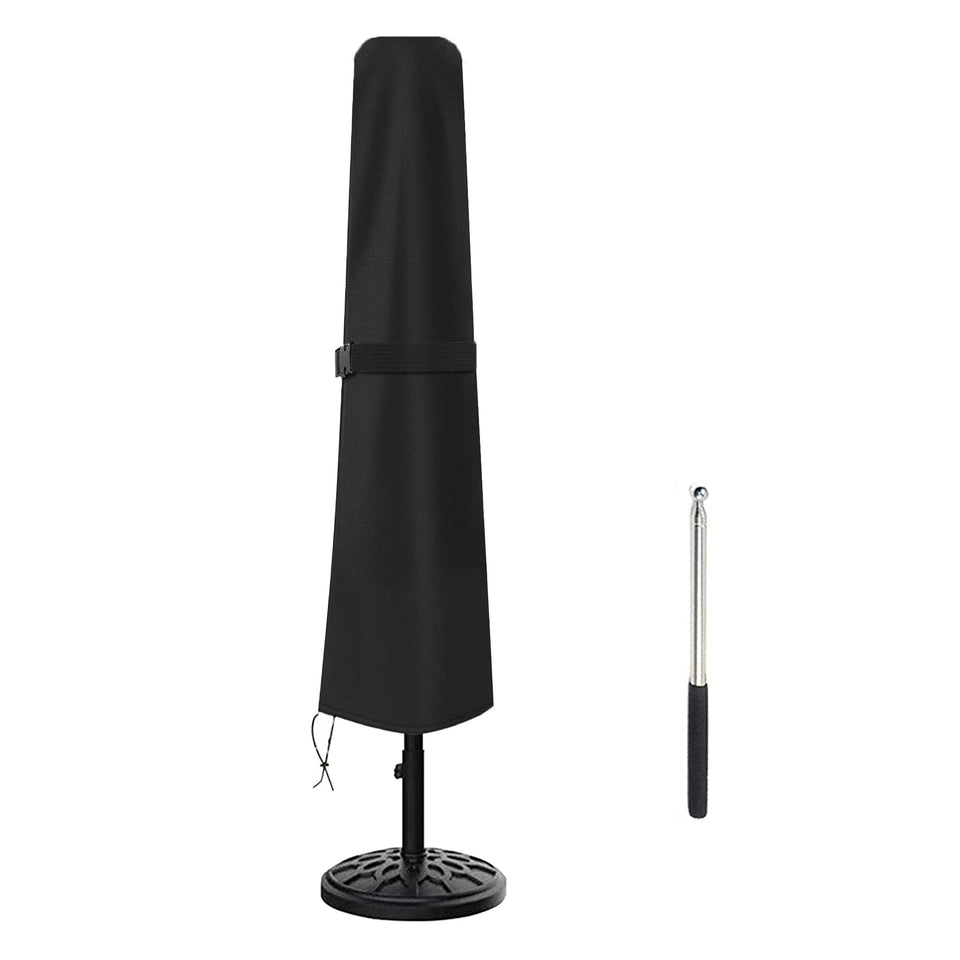Femuar umbrella cover in waterproof 600D Oxford fabric shielding a patio umbrella from rain