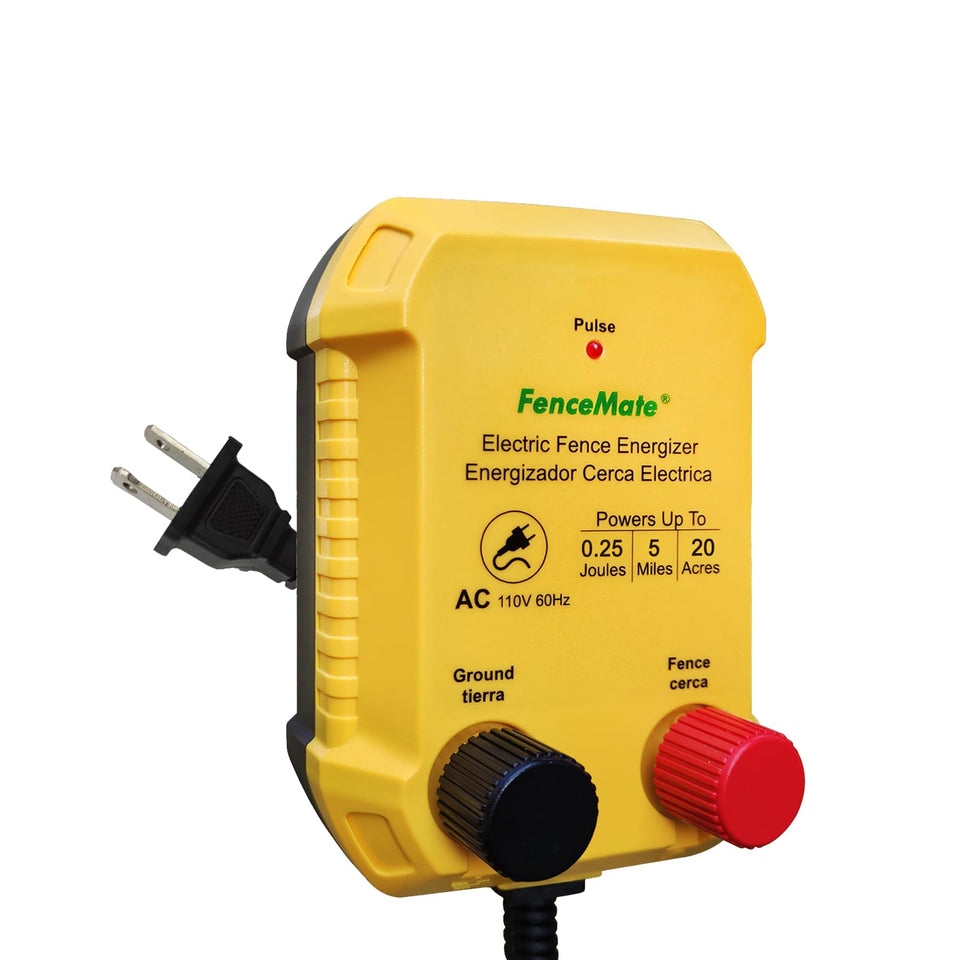 FenceMate AC-powered fence charger unit visible for yard containment.