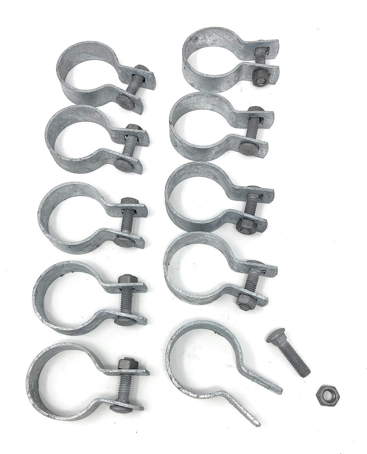 FENCESMART4U brace bands with bolts and nuts installed on a chain link post for secure rail mounting.