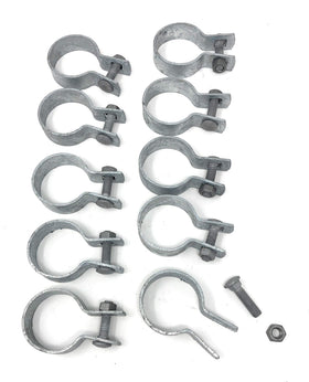 FENCESMART4U brace bands with bolts and nuts installed on a chain link post for secure rail mounting.