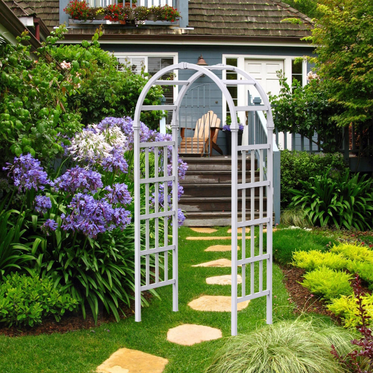 FENCETECH vinyl arbor front view, white garden arch welcoming entry and space for vines