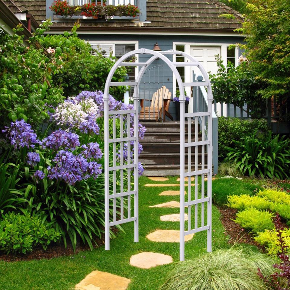 FENCETECH vinyl arbor front view, white garden arch welcoming entry and space for vines