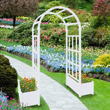 FENCETECH No-Dig vinyl arbor front view showing planter box integration