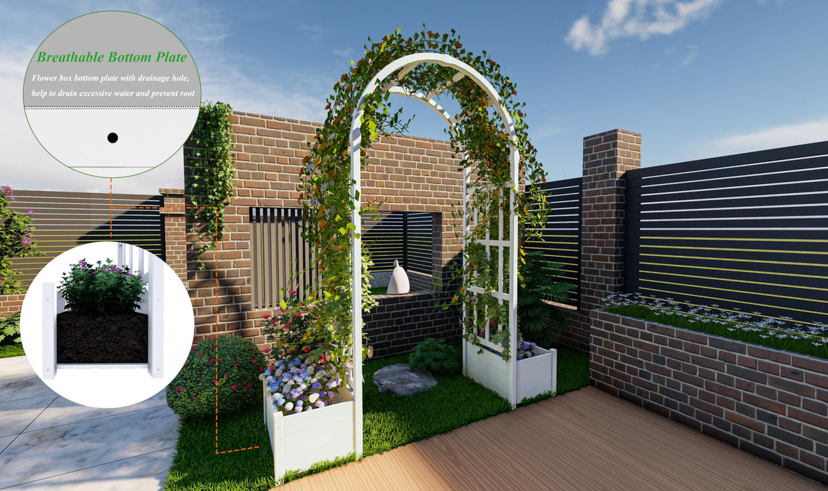 FENCETECH No-Dig vinyl arbor side view highlighting outdoor durability