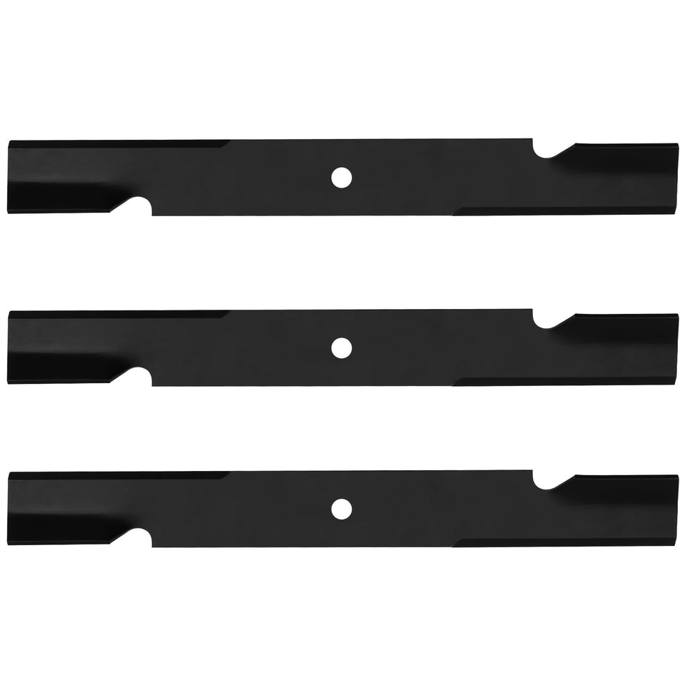 Fengind three-pack blades with spiral ends for efficient mowing.