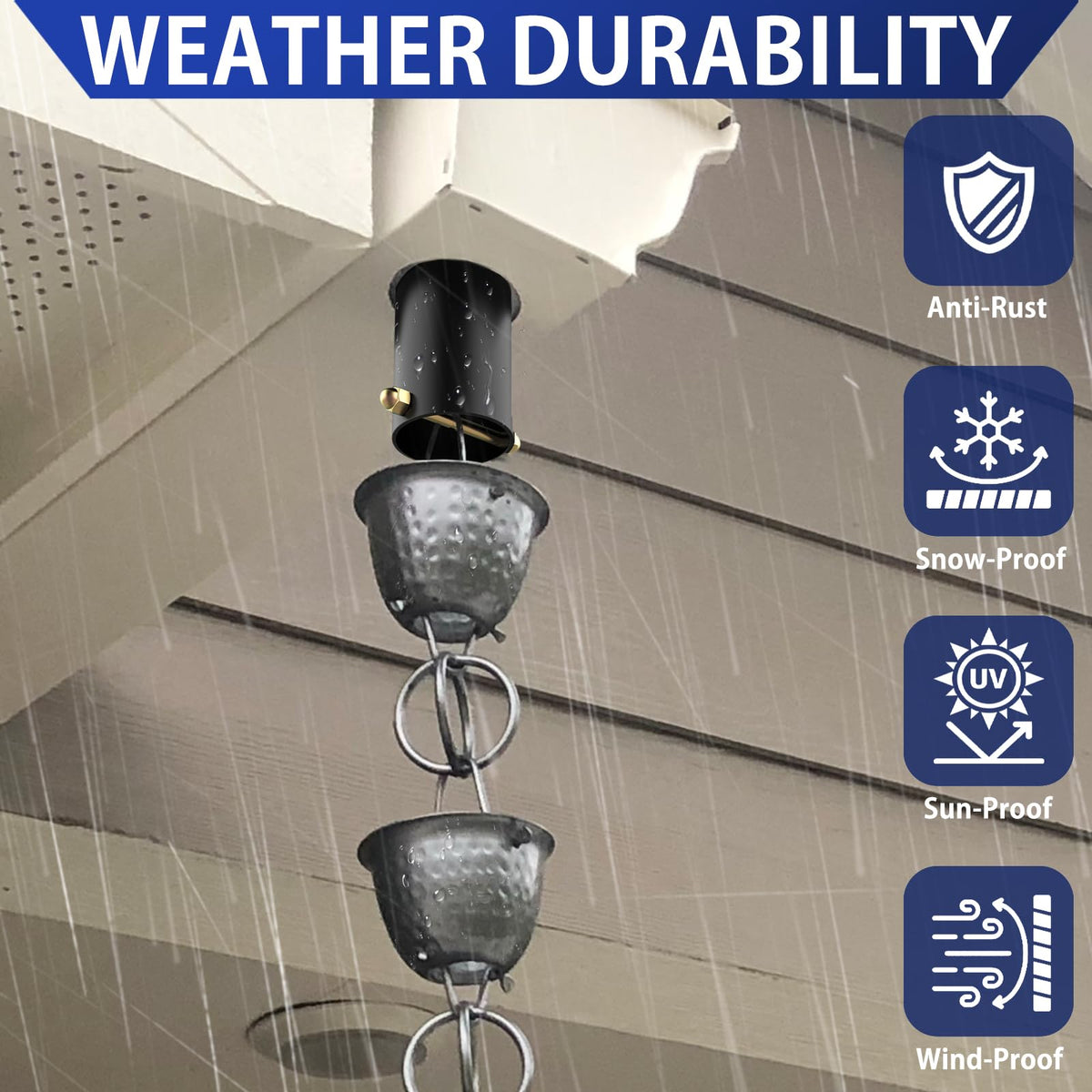 Fengone easy-install-brass-bolt close-up shows center groove for secure rain chain hanging.