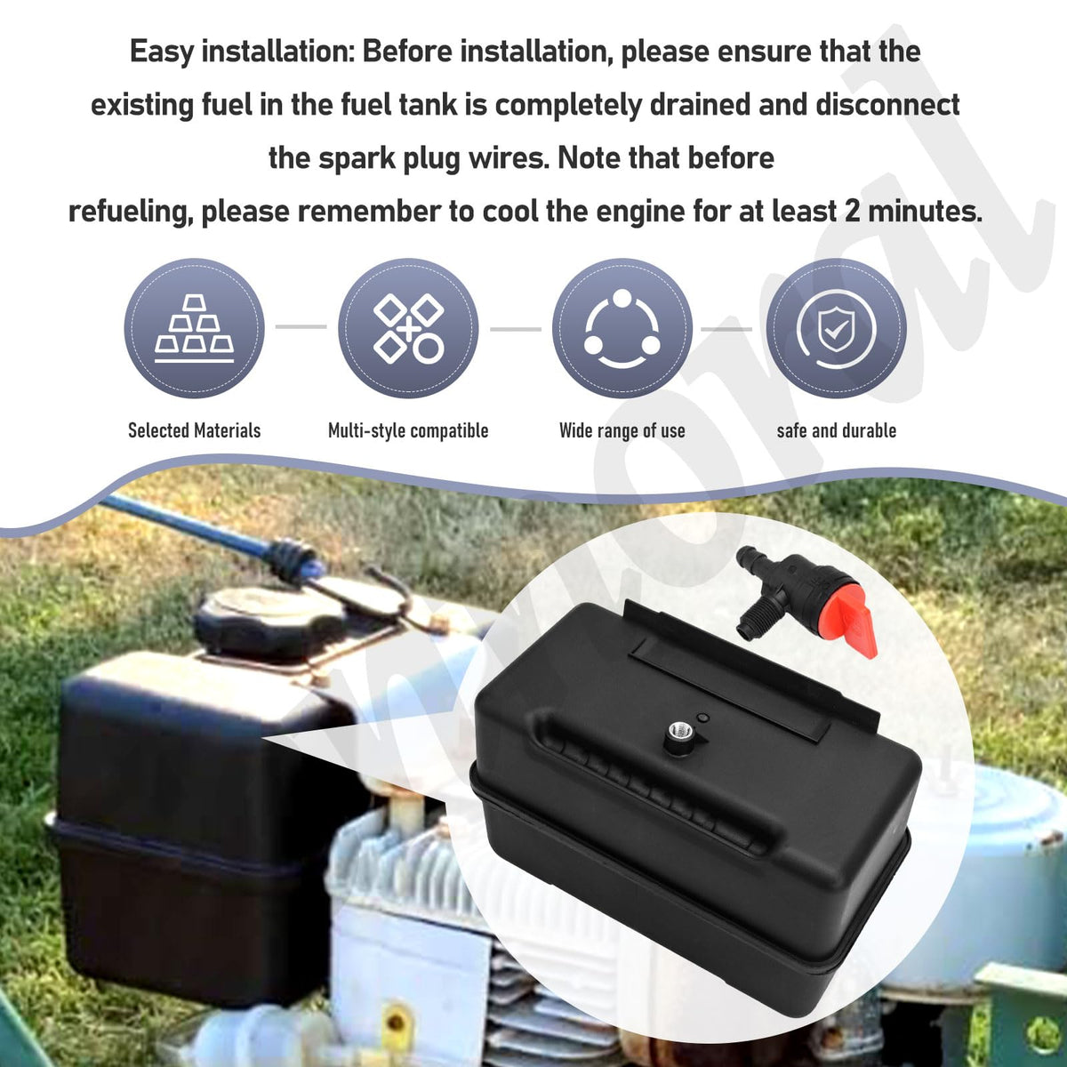 Fennoral tank suitable for snow blowers, tillers, and wood splitters in outdoor settings.