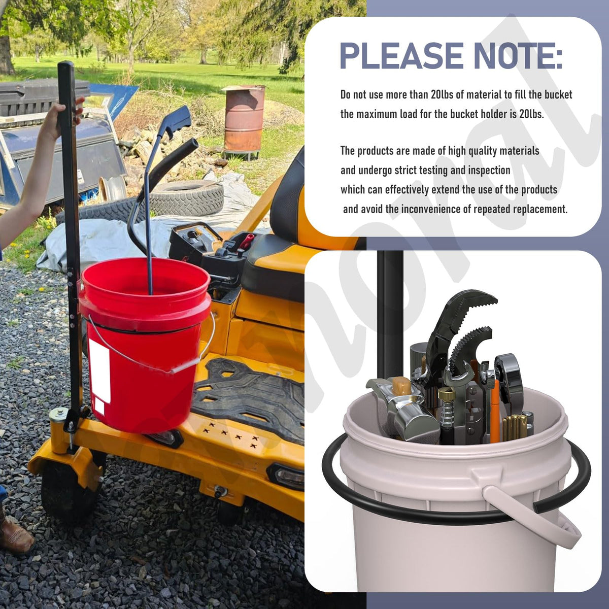 Fennoral 5-gallon bucket bracket lets you transport yard waste efficiently.