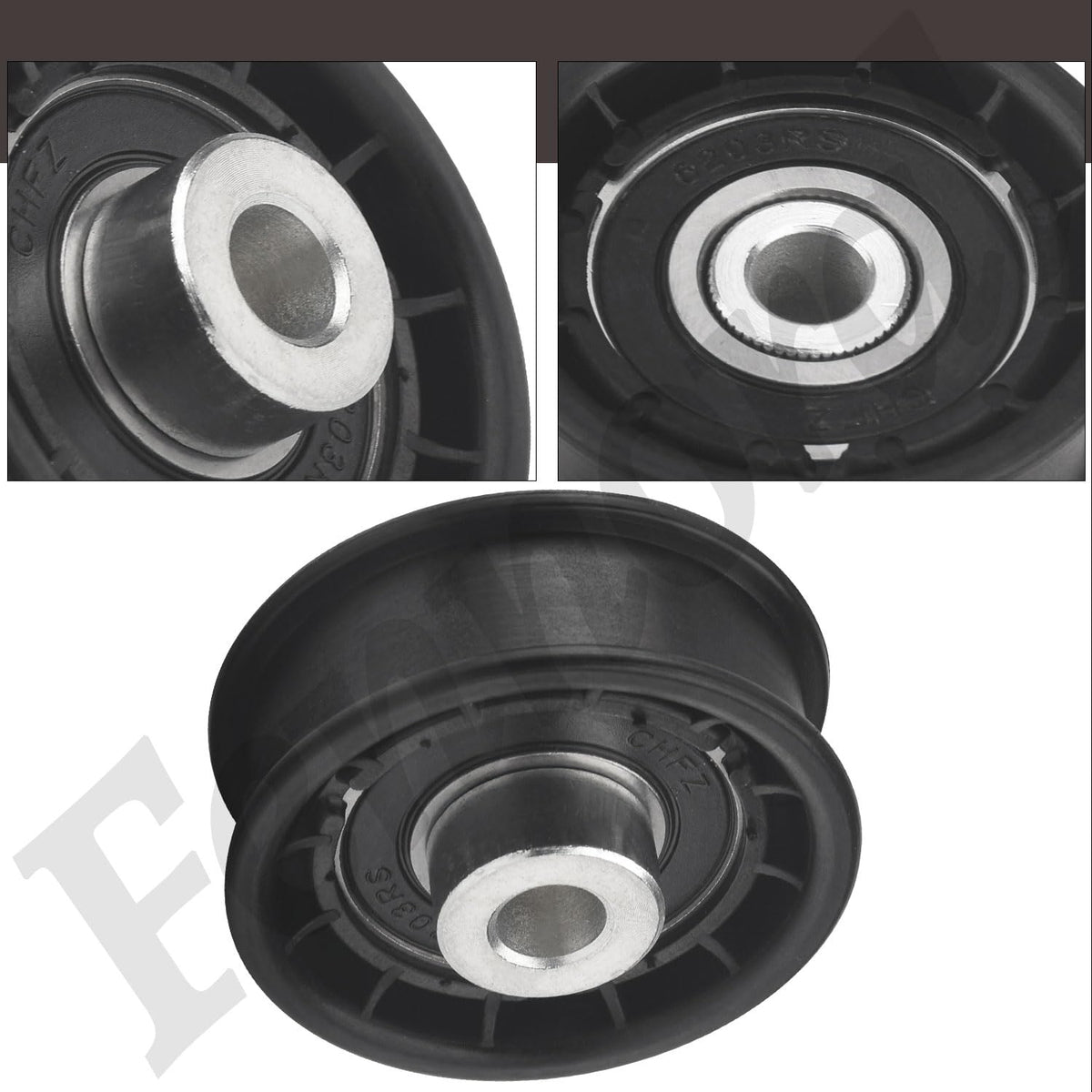 Fennoral flat idler pulley installation-ready angle view for quick swap.