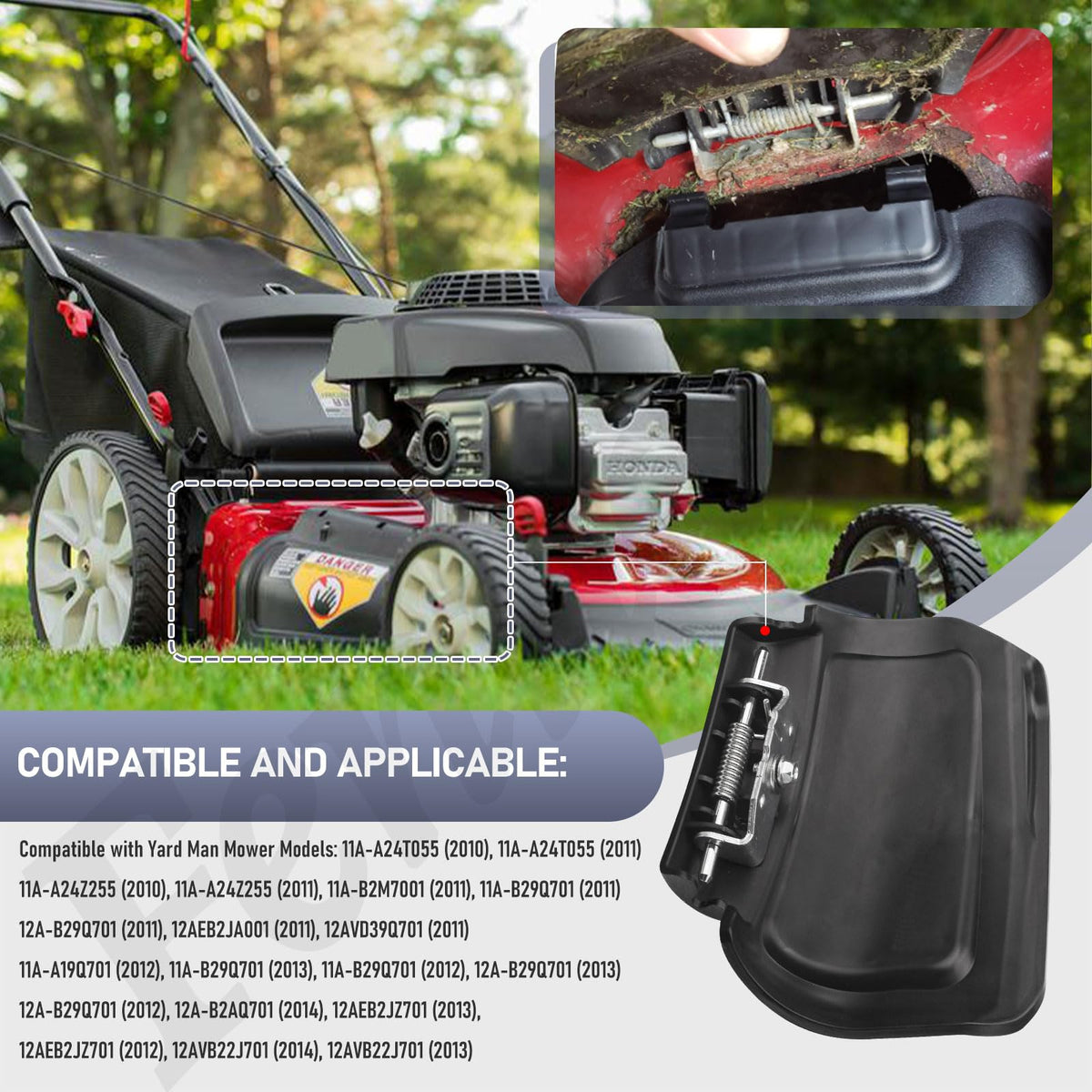 Fennoral hinge pin detail shows compatibility notes for Troy-Bilt models