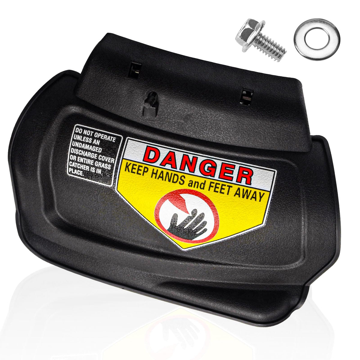 Fennoral hinged mulch plug closeup shows sturdy hinge for secure fit on MTD and Troy-Bilt