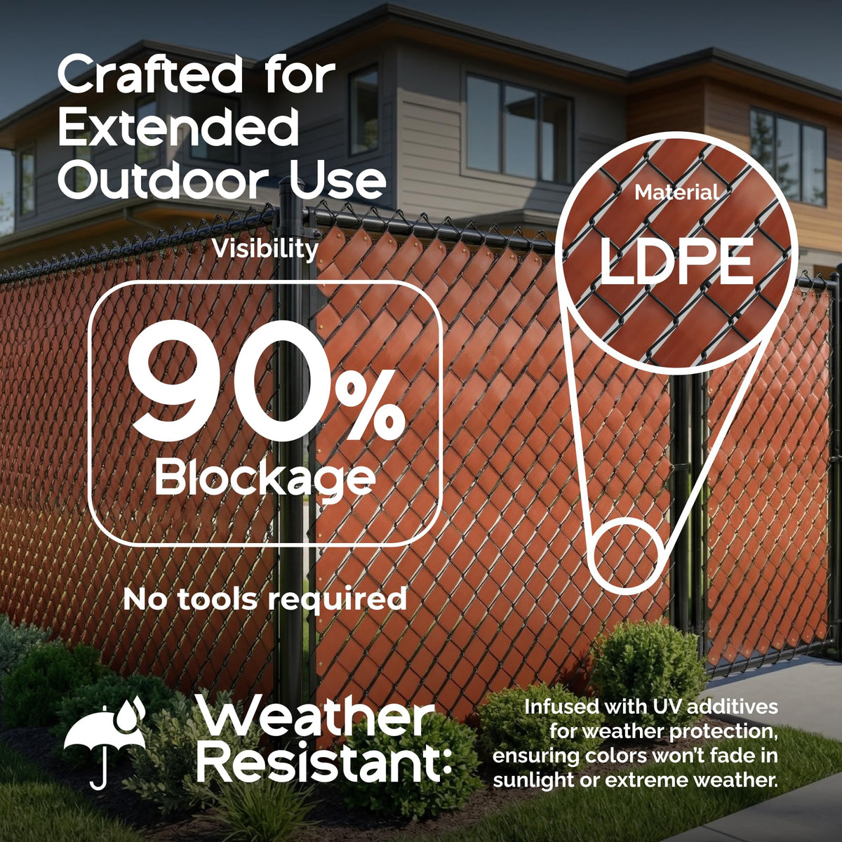 Fenpro chain-link fence privacy slat Redwood enhances yard aesthetics while screening views