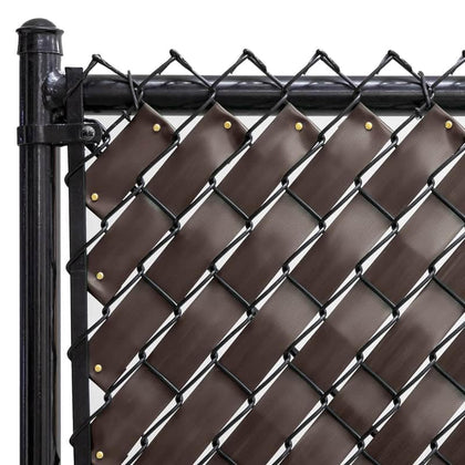 Fenpro chain-link fence tape in chocolate brown packaging ready for privacy installation