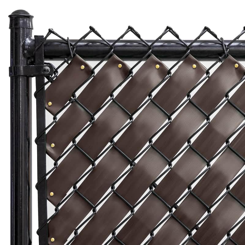 Fenpro chain-link fence tape in chocolate brown packaging ready for privacy installation