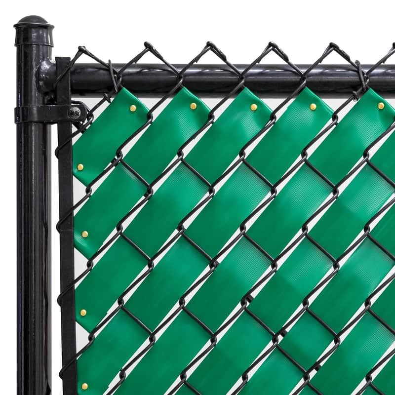 Fenpro Emerald Green chain-link privacy tape applied to a fence for outdoor privacy