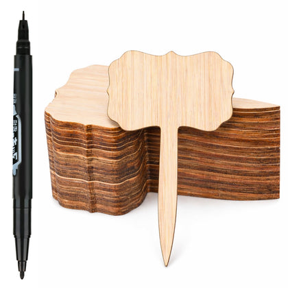 Fenqoril bamboo labels with scalloped edge for elegant garden organization.
