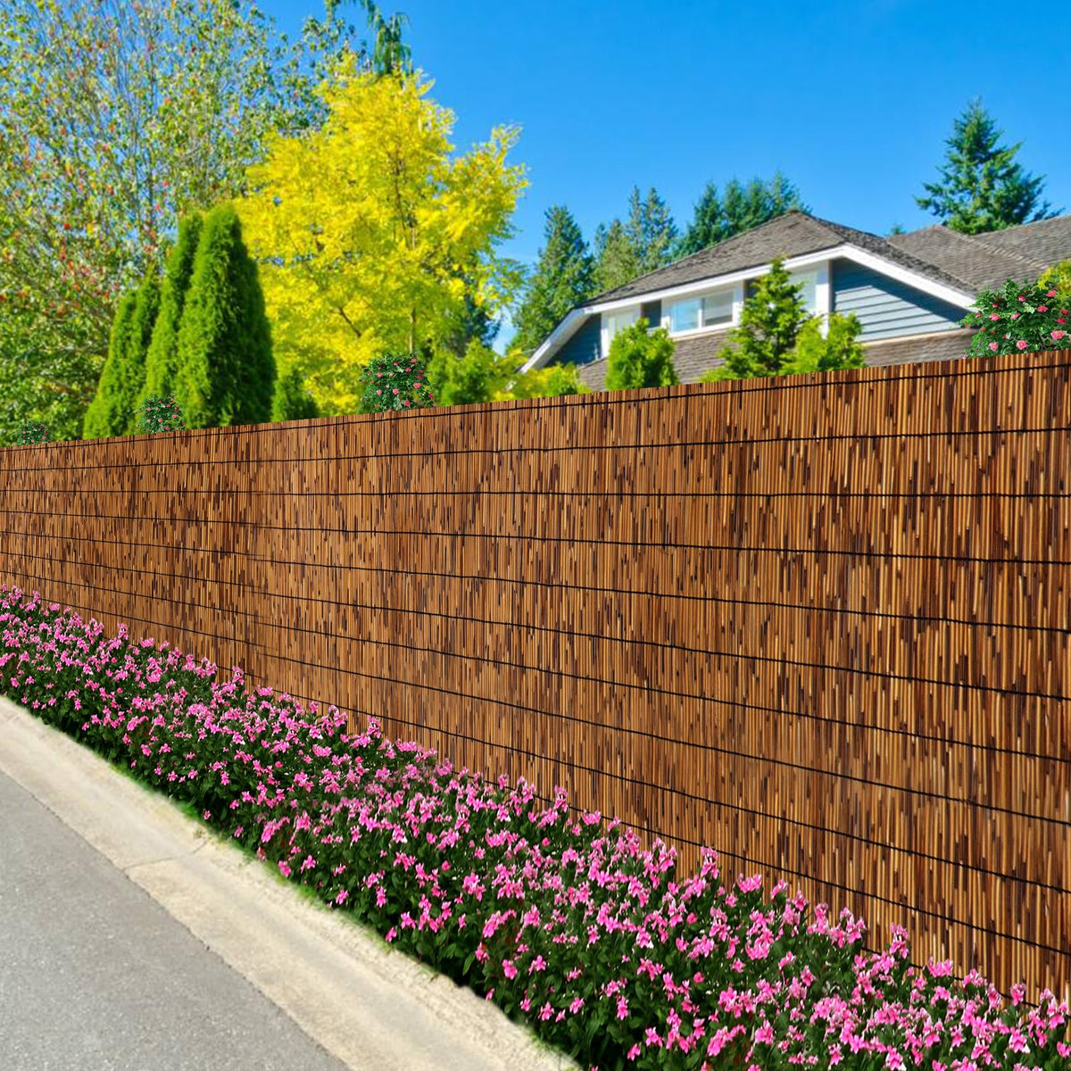 Fenrunxu bamboo reed fence in brown, 16.4 ft length, for backyard privacy.