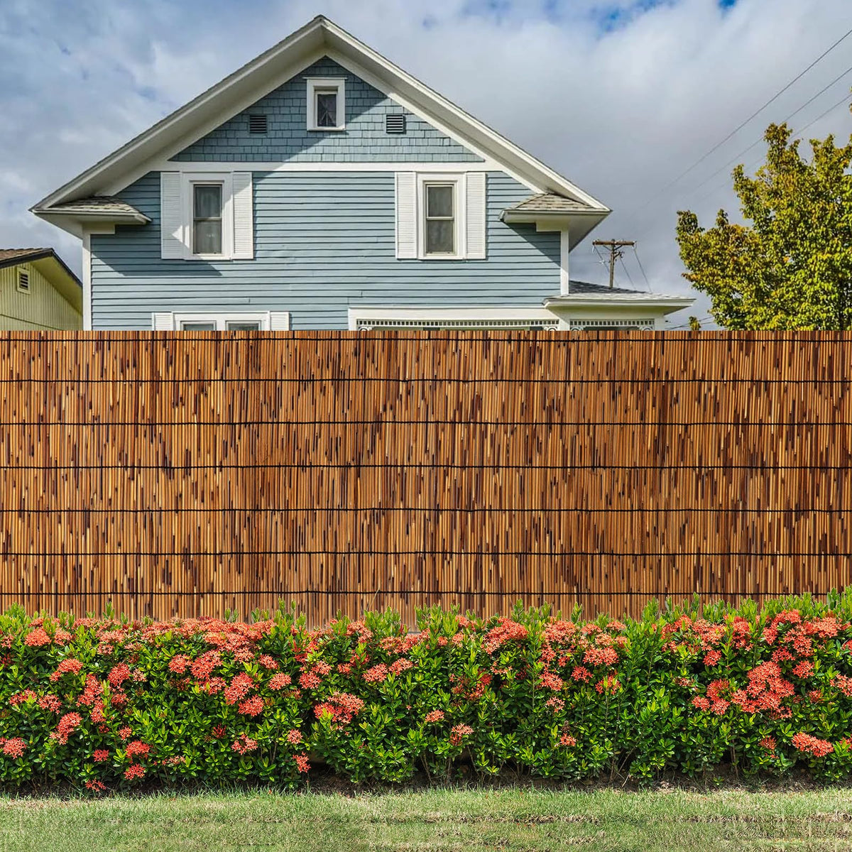 Fenrunxu patio setup showing rustic reed fence as a backdrop.