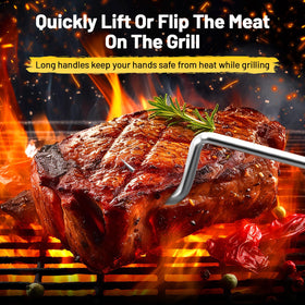 Fenteer BBQ Meat Turner Hook top view highlights slim profile for compact grilling.