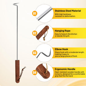 Fenteer BBQ Meat Turner Hook wood handle offers comfortable, non-slip control.