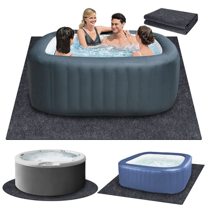 Fenxam hot tub mat under an 80-inch spa, protecting floor and absorbing splashes.