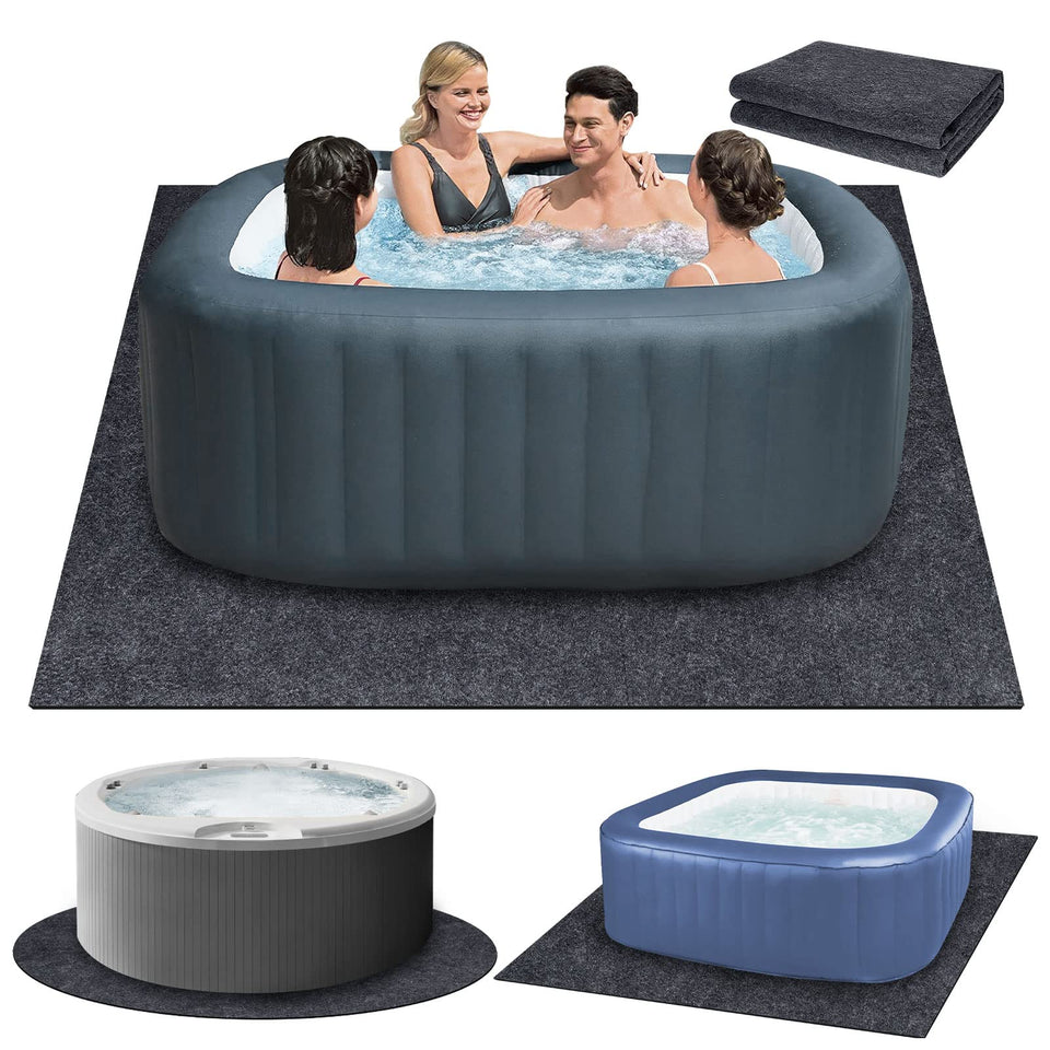 Fenxam hot tub mat under an 80-inch spa, protecting floor and absorbing splashes.