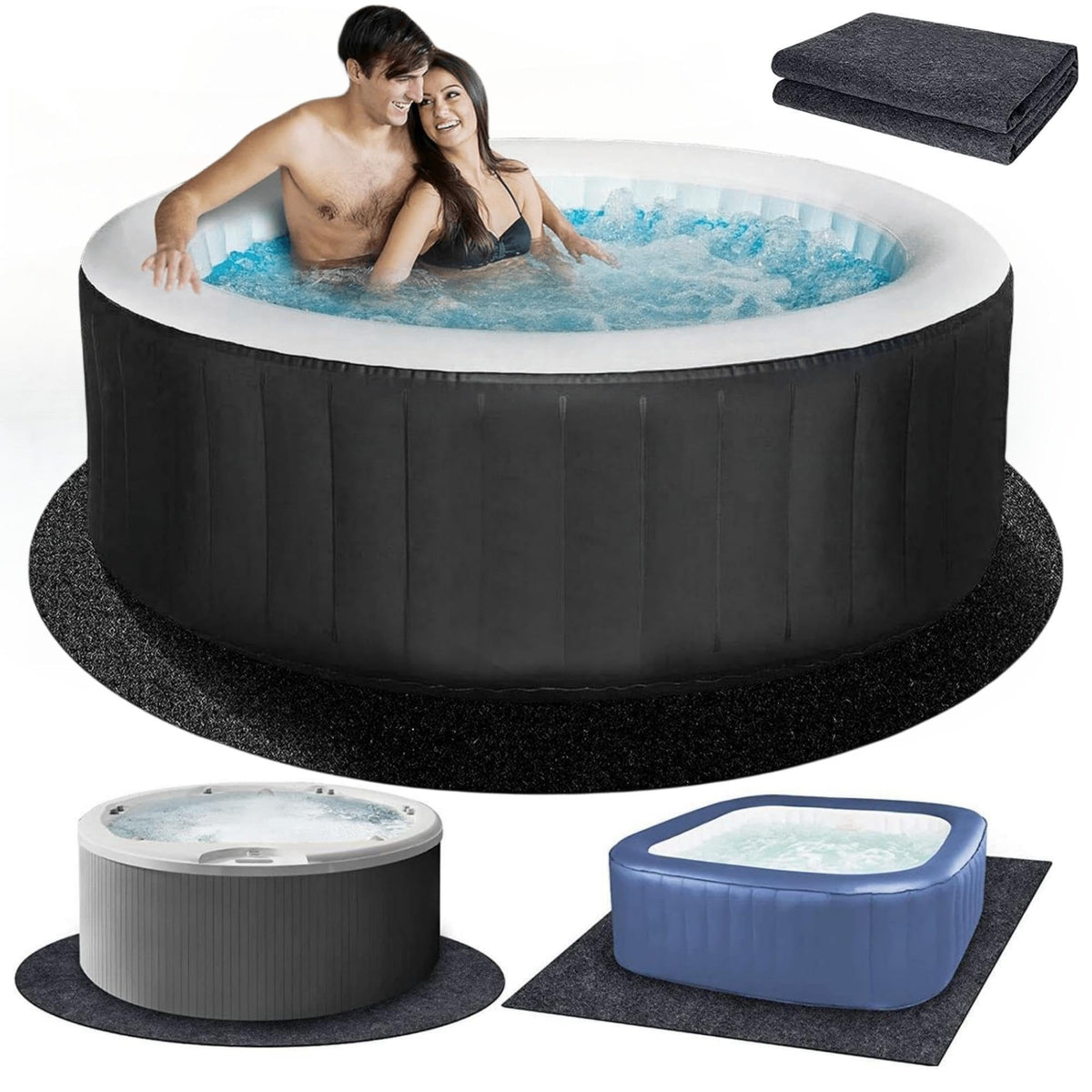 FENXAM hot tub mat under the round tub protects floors and reduces friction.