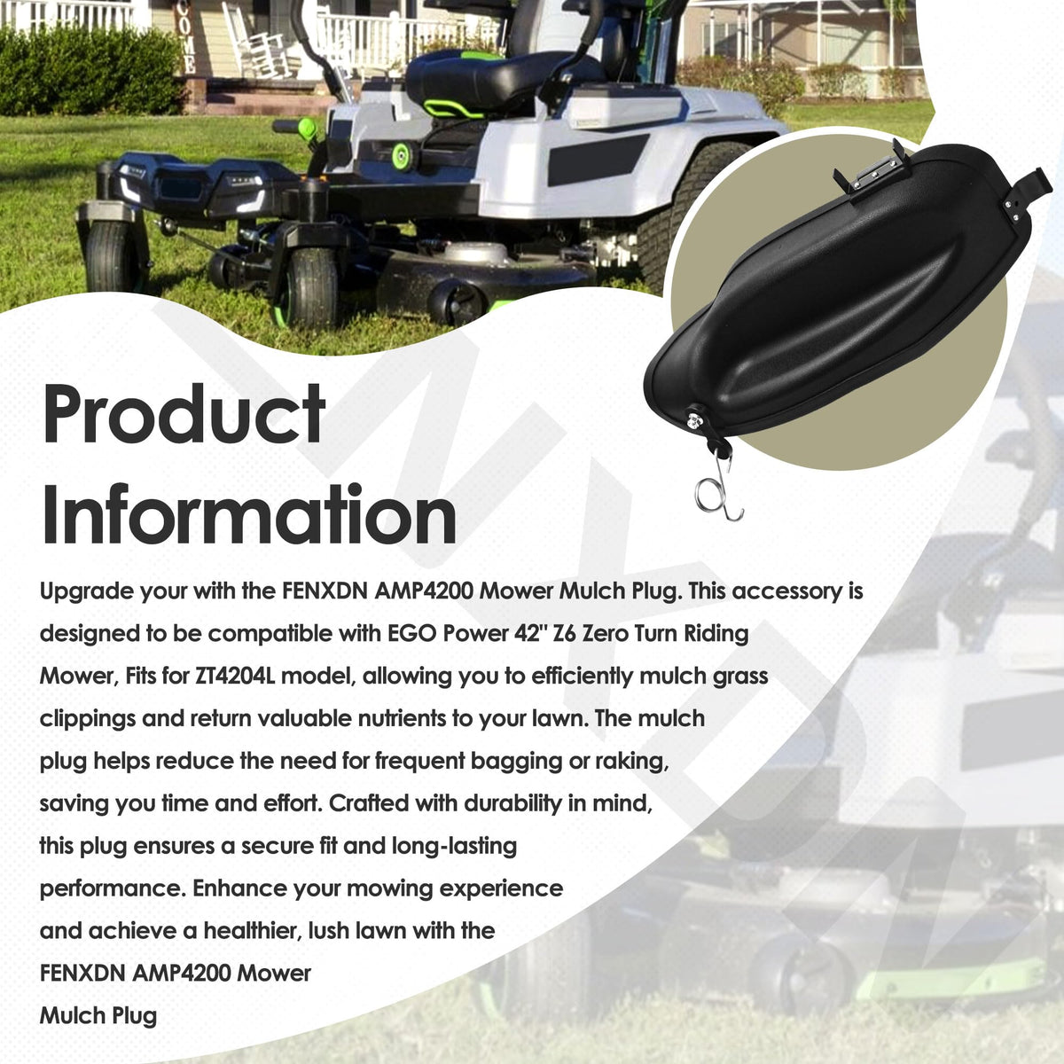 FENXDN AMP4200 mulch plug mounted on a 42-inch ZT mower