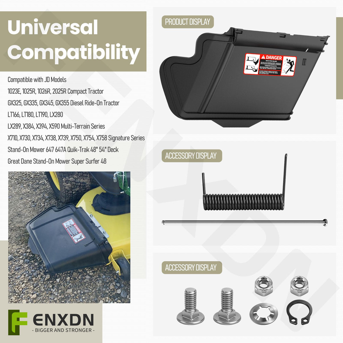FENXDN black discharge chute profile on a John Deere deck