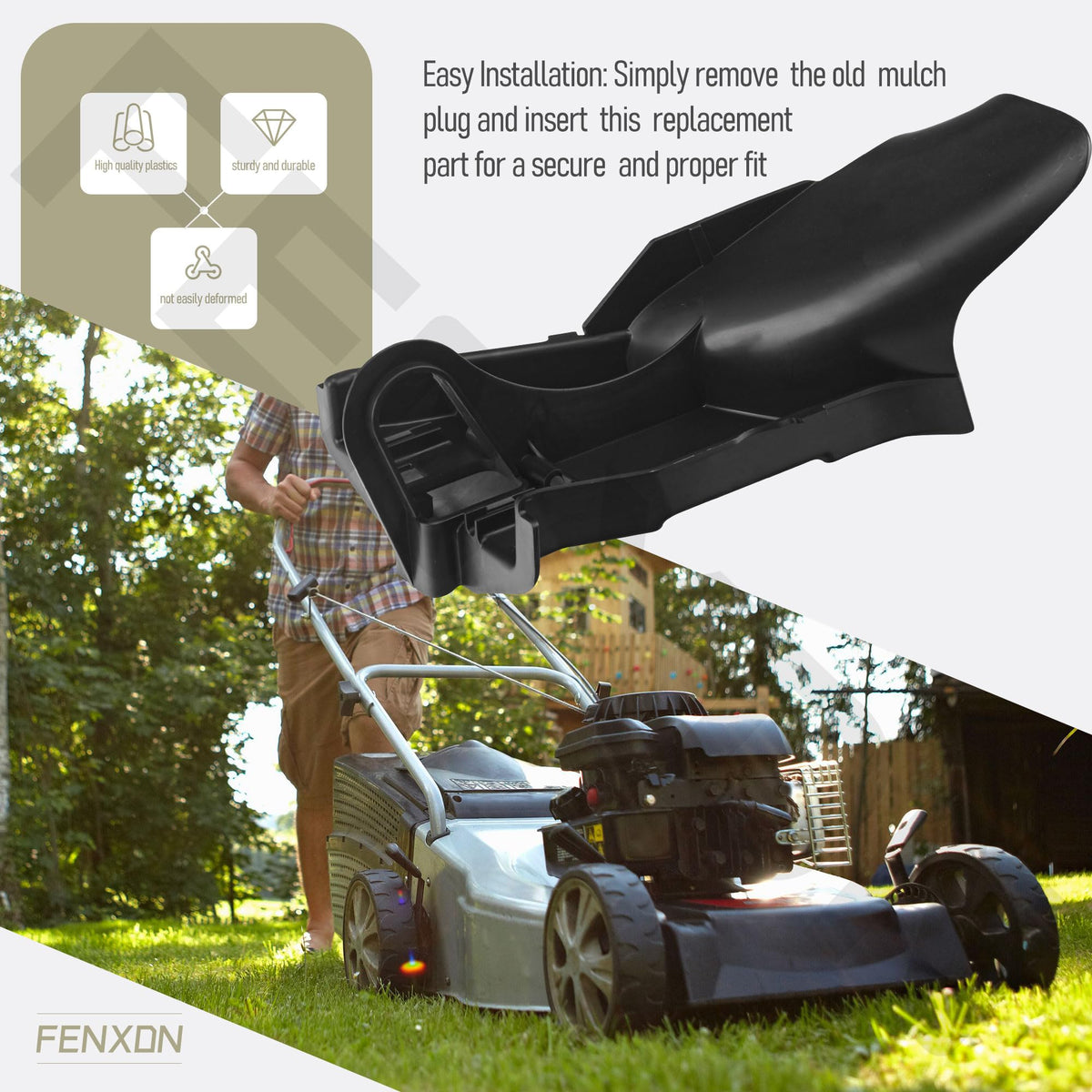 FenXDN mulch plug supports optimal mower performance during maintenance tasks.