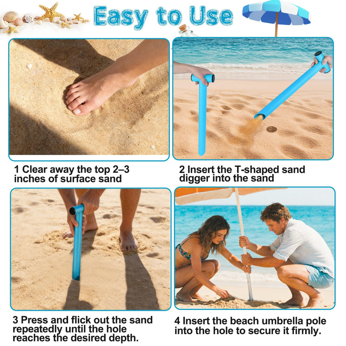 Feoang 45-degree sand hole digger highlights simple hole creation for stable shade.