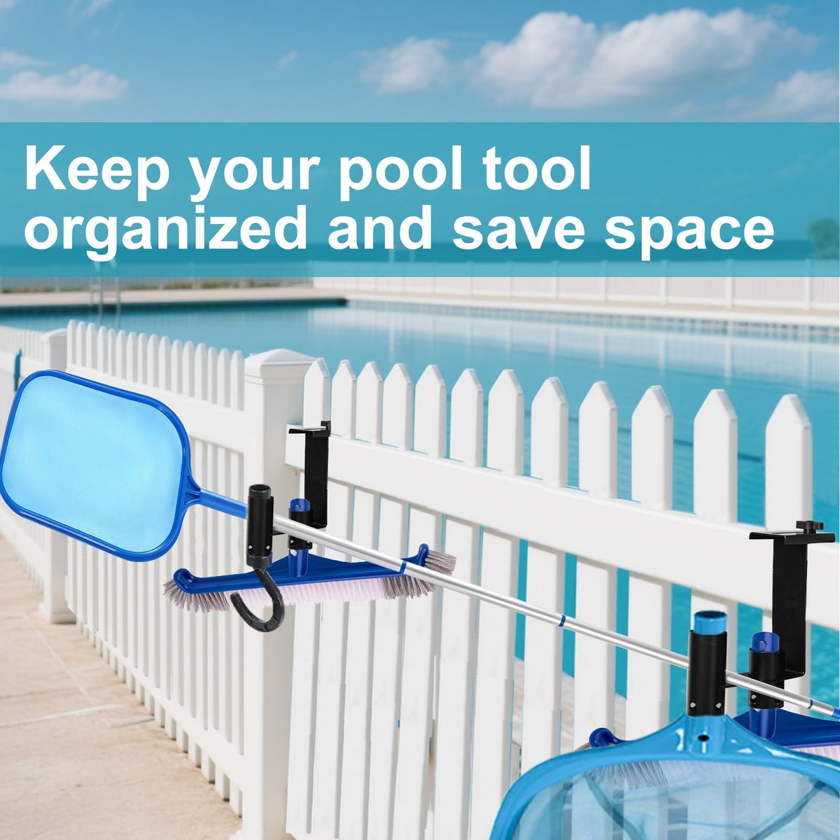 Feoang easy-install pool hook fits most fences without tools or drilling.