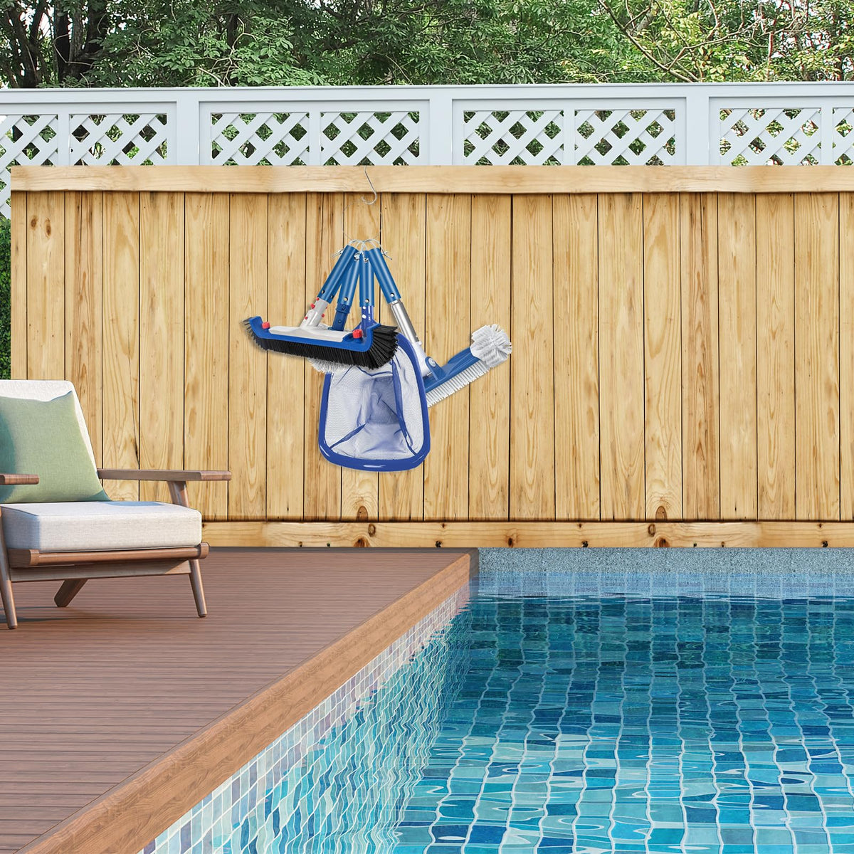 Feoang blue storage rack keeps pool maintenance tools organized and accessible.